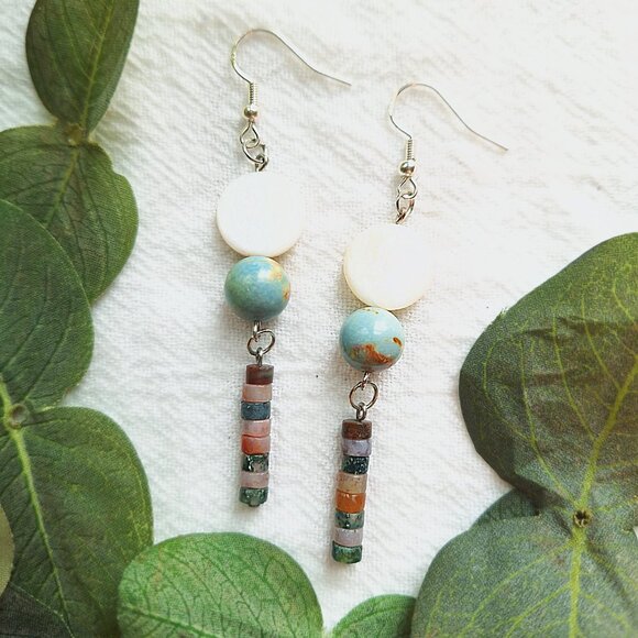 Mother of Pearl & Jasper Earrings – Coastal Boho Dangle Earrings, Handmade - Picture 7 of 10